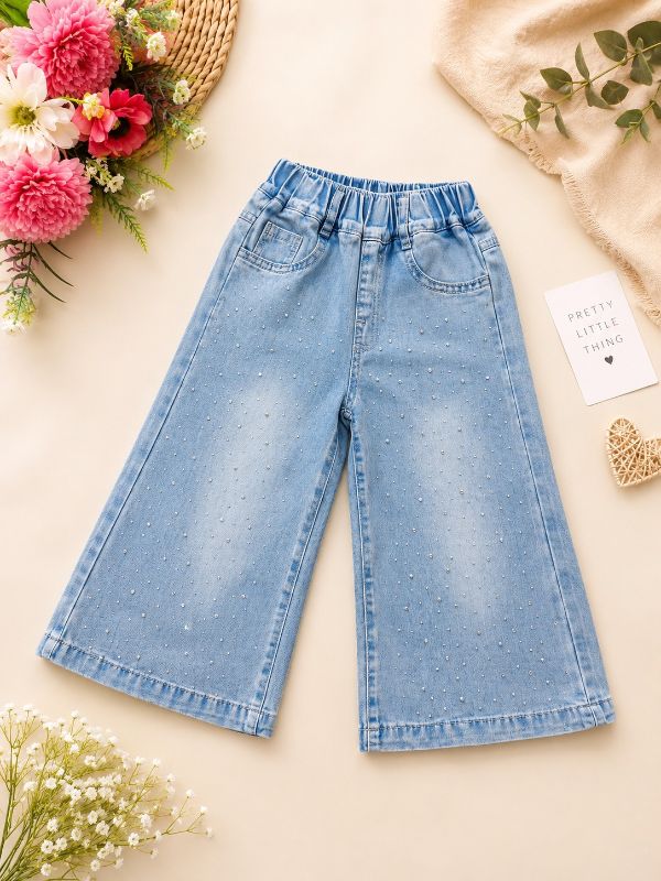 Girls Maroon Polka Dot Top & Wide-Leg Denim Pants Set — view 3 | Kids Wear Online India