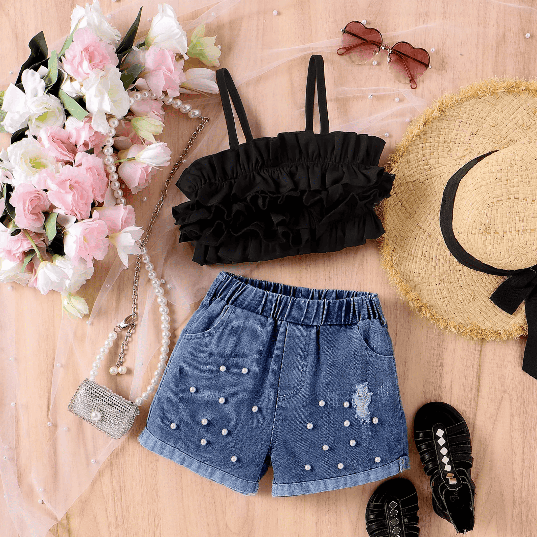 White Ruffle Top and Pearl-Detailed Denim Shorts Set for Girls — view 1 | Kids Wear Online India