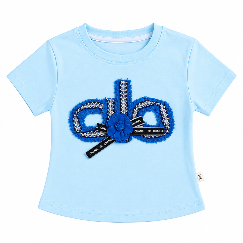 Girls Blue Appliqué T-Shirt & Wide-Leg Denim Shorts Set — view 5 | Kids Wear Online India
