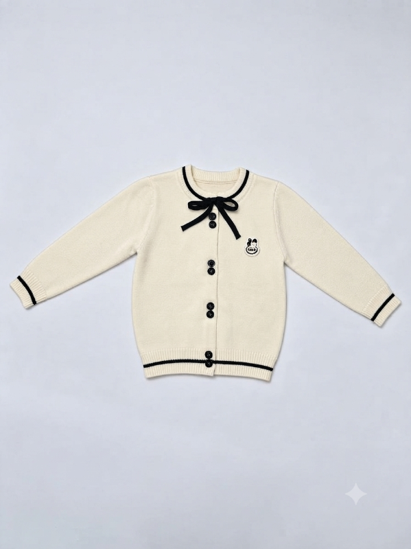Kids Elegant Cream & Black Bow Button Cardigan — view 2 | Kids Wear Online India