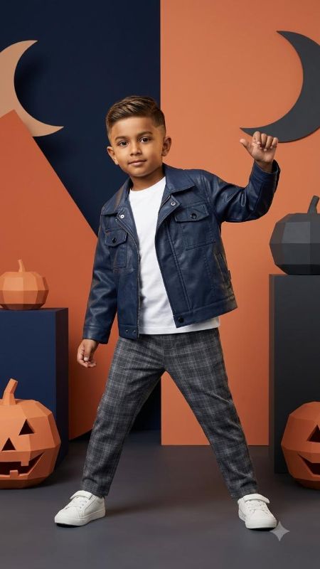 Korean Style Boys Faux Leather Jacket & Plaid Trouser Set (White Inner Tee Included)