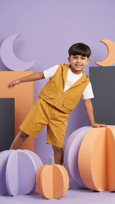 Boys Mustard Yellow Hooded Vest and Shorts Set with White T-Shirt — view 1 | Kids Wear Online India