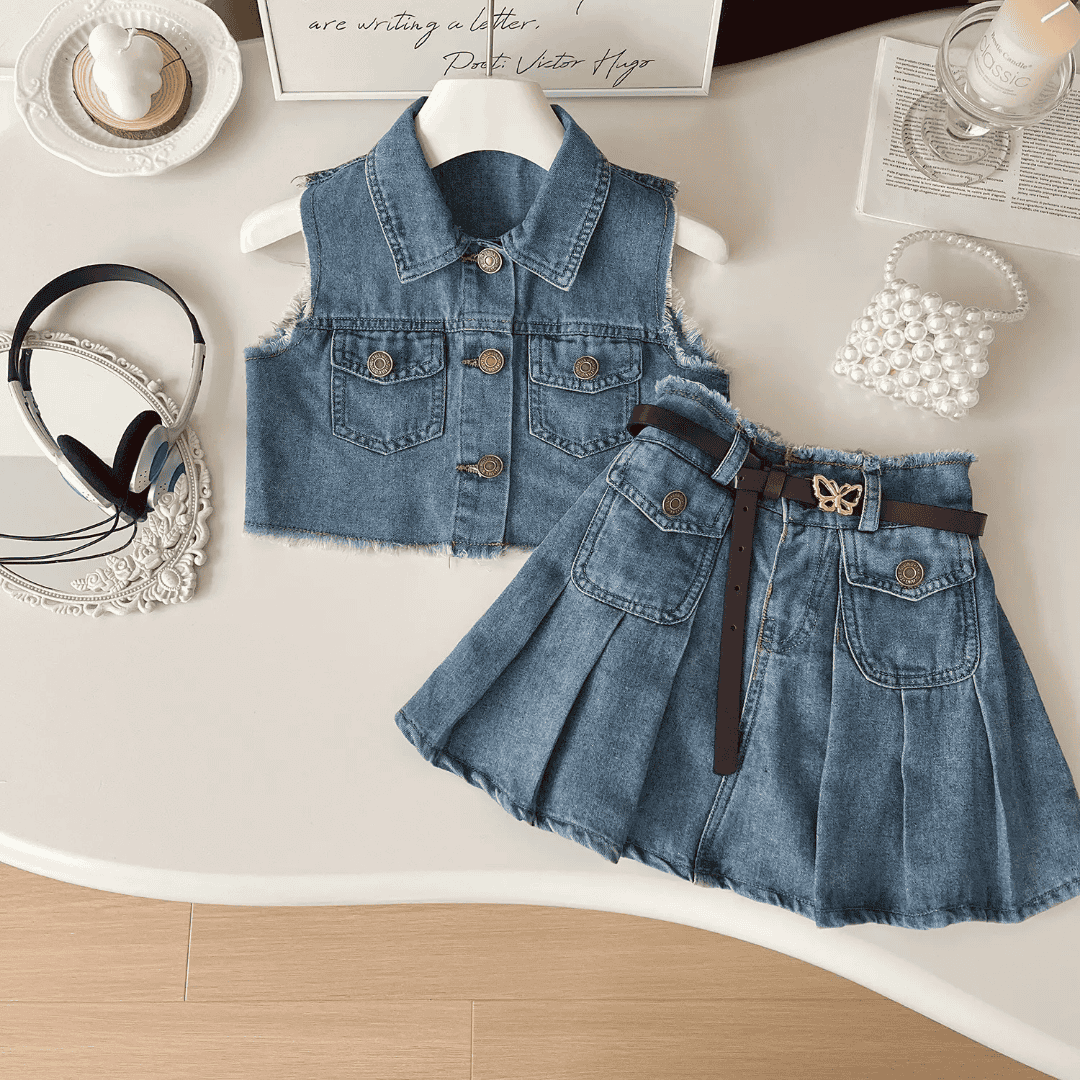 Stylish Flared Denim Dress with Belt for Girls — BluePeak Global
