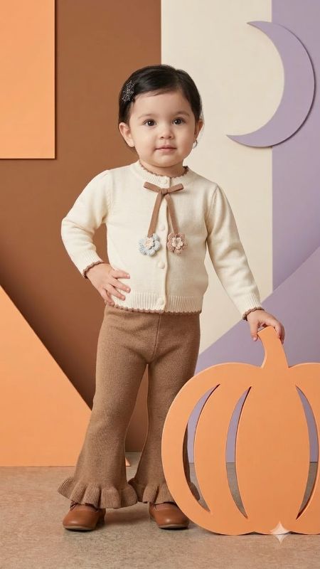 Baby Girl Knit Cardigan and Flare Pants Set – Cream & Brown Floral Bow Winter Outfit — view 5 | Kids Wear Online India