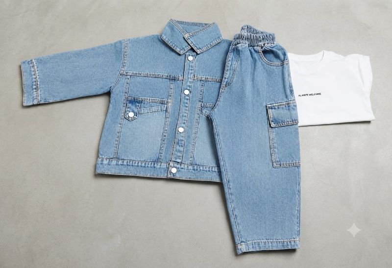 Boys Light Blue Denim Jacket and Cargo Pants Set with White T-Shirt — view 4 | Kids Wear Online India
