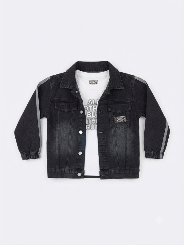 Kids' Dark Wash Denim Jacket with White Graphic T-Shirt Set — view 2 | Kids Wear Online India