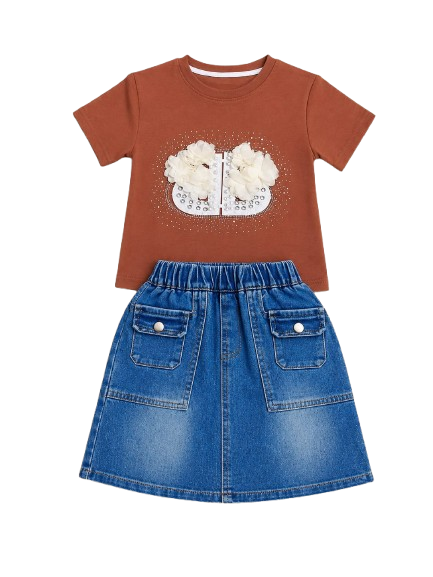 Girls Rust Brown Floral Top & Denim Skirt Set — view 3 | Kids Wear Online India