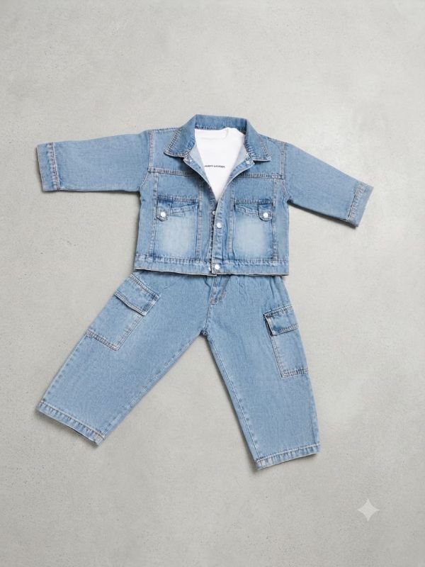 Boys Light Blue Denim Jacket and Cargo Pants Set with White T-Shirt — view 2 | Kids Wear Online India