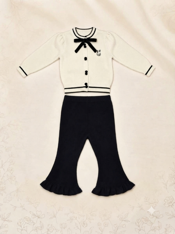 Kids Elegant Cream & Black Bow Button Cardigan — view 5 | Kids Wear Online India