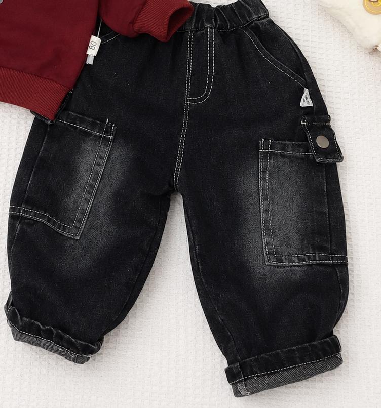 Premium Maroon Sailor-Collar Sweatshirt & Black Cargo Denim Set — view 4 | Kids Wear Online India