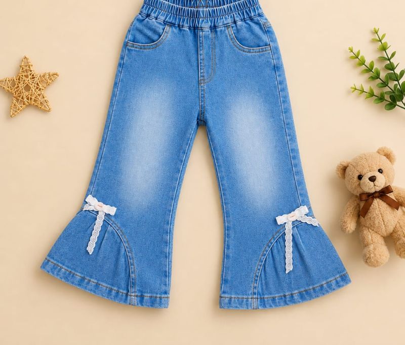 Girls Baby Pink Polka Dot Top & Bow Flare Denim Jeans Set — view 6 | Kids Wear Online India