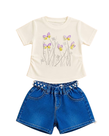 Girls Cream Butterfly T-Shirt & Pearl Denim Shorts Set — view 5 | Kids Wear Online India