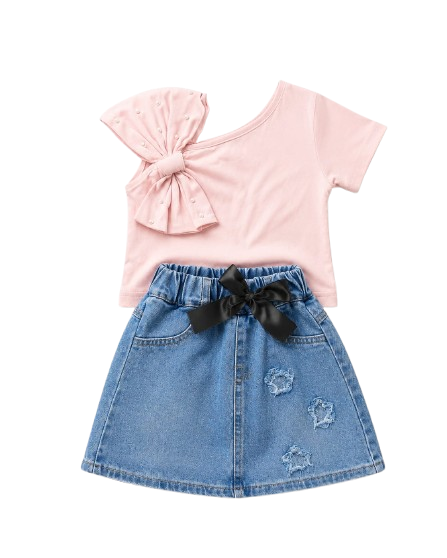Girls Pink Pearl Bow Top & Denim Skirt Set — BluePeak Global