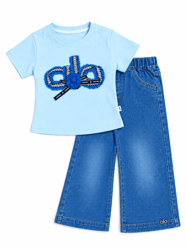 Girls Blue Appliqué T-Shirt & Wide-Leg Denim Shorts Set — view 2 | Kids Wear Online India
