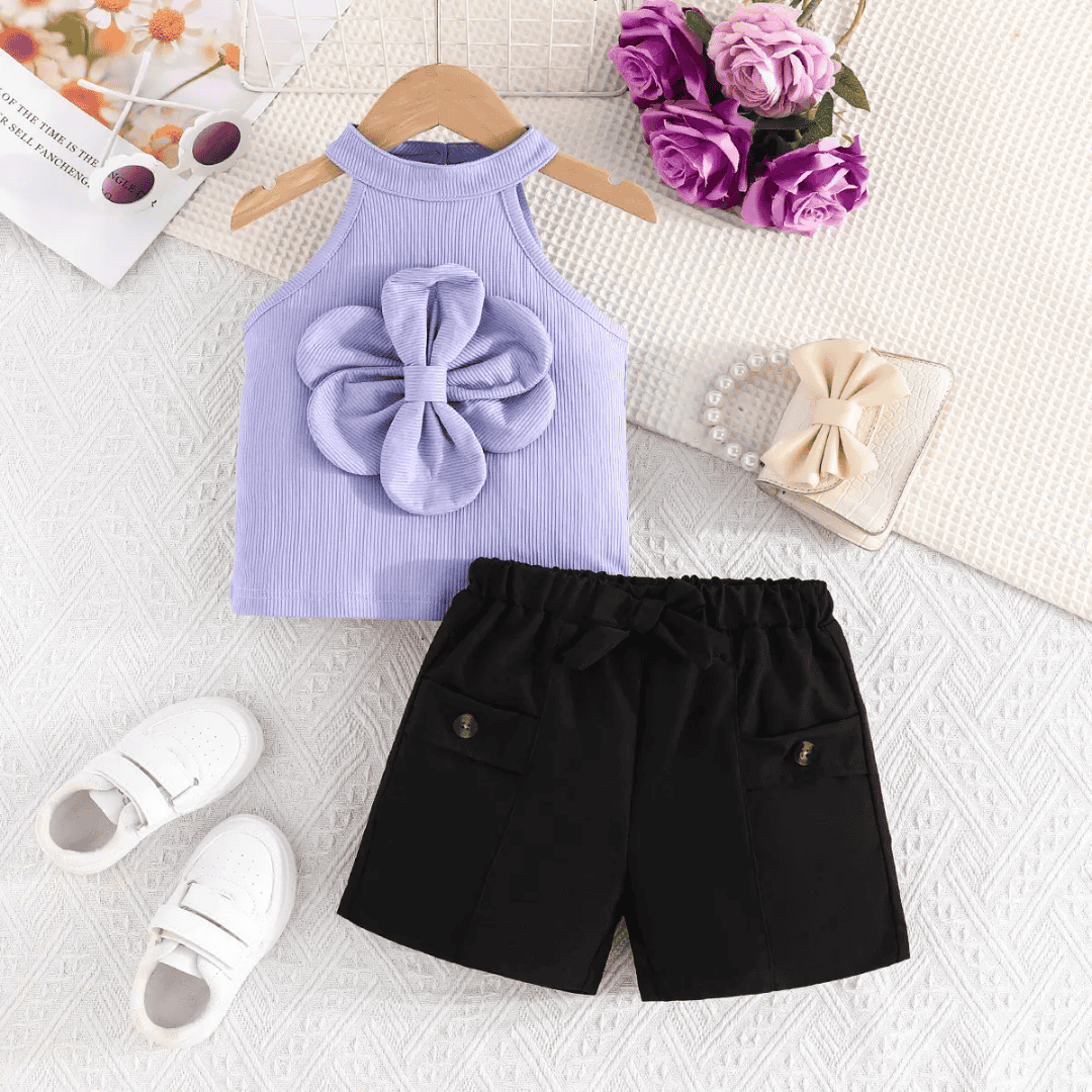 Elegant Pink Floral Top and Casual Black Shorts Set for Girls — view 2 | Kids Wear Online India