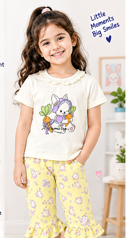 Girls Printed T-Shirt & Capri Set – Cute Bunny Print with Ruffle Hem — view 6 | Kids Wear Online India
