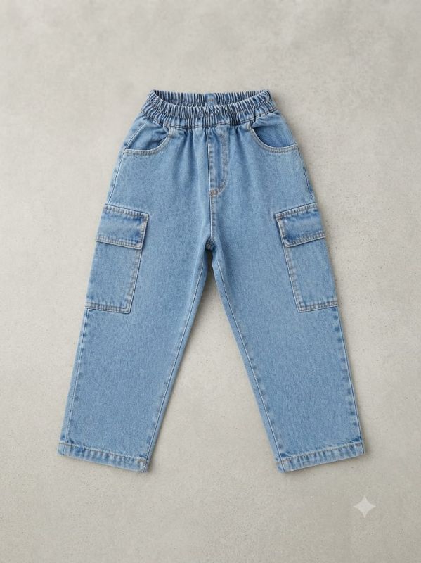Boys Light Blue Denim Jacket and Cargo Pants Set with White T-Shirt — view 3 | Kids Wear Online India