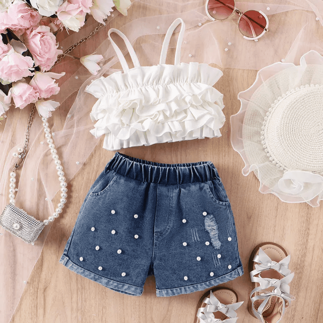 White Ruffle Top and Pearl-Detailed Denim Shorts Set for Girls — BluePeak Global