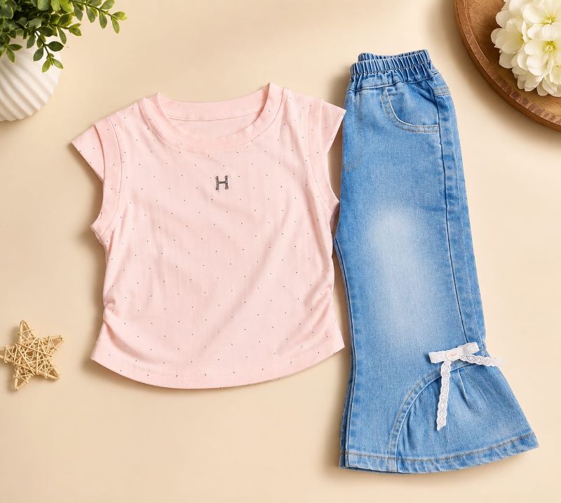 Girls Baby Pink Polka Dot Top & Bow Flare Denim Jeans Set — BluePeak Global