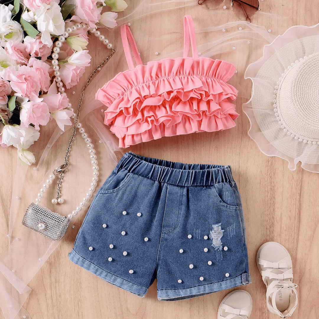 White Ruffle Top and Pearl-Detailed Denim Shorts Set for Girls — view 2 | Kids Wear Online India