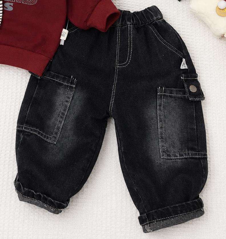 Premium Maroon Sailor-Collar Sweatshirt & Black Cargo Denim Set — view 3 | Kids Wear Online India