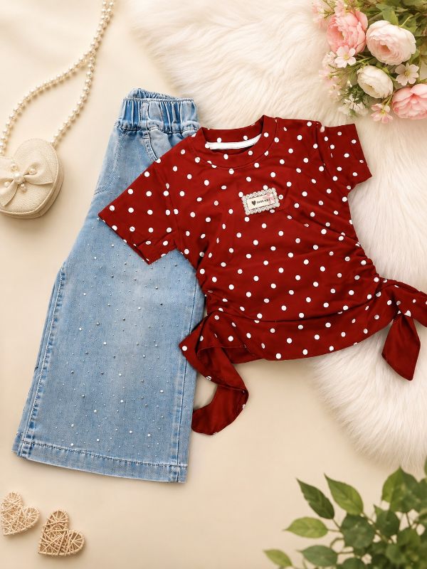 Girls Maroon Polka Dot Top & Wide-Leg Denim Pants Set — BluePeak Global