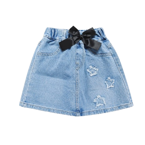 Girls Pink Pearl Bow Top & Denim Skirt Set — view 1 | Kids Wear Online India