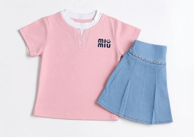 Girls Pink Henley T-Shirt & Pearl Denim Skirt Set — BluePeak Global