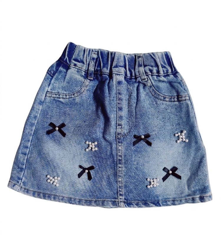 Girls Light-Wash Pearl & Ribbon Bow Denim Skirt — view 3 | Kids Wear Online India