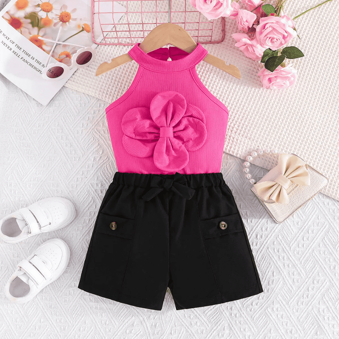 Elegant Pink Floral Top and Casual Black Shorts Set for Girls — BluePeak Global