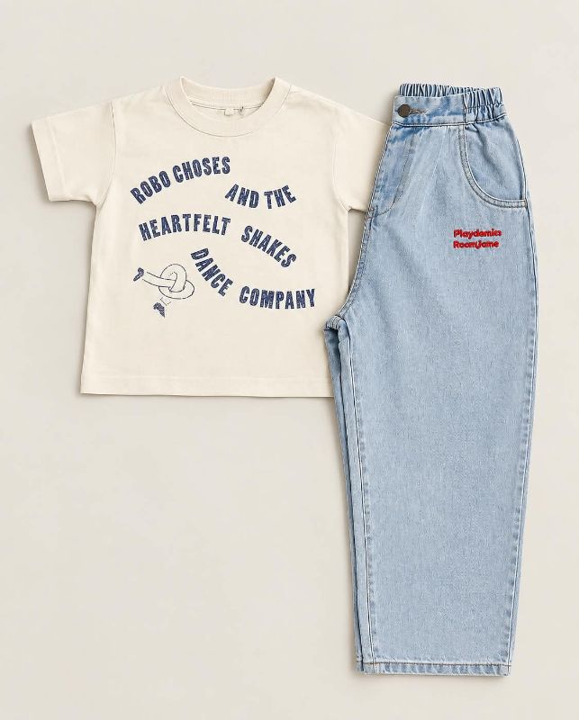 Kids Graphic T-Shirt and Light Wash Denim Pants Set — view 3 | Kids Wear Online India