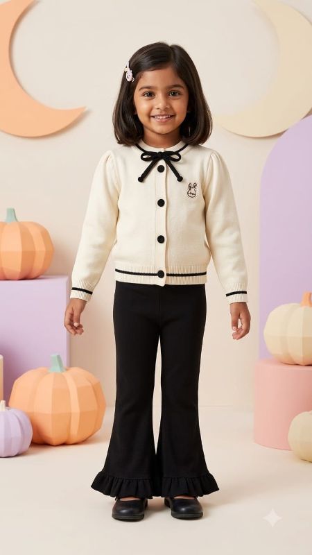 Kids Elegant Cream & Black Bow Button Cardigan — view 1 | Kids Wear Online India