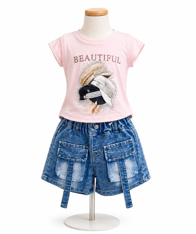 Girls Korean Style Pink Top & Denim Cargo Shorts Set — view 4 | Kids Wear Online India