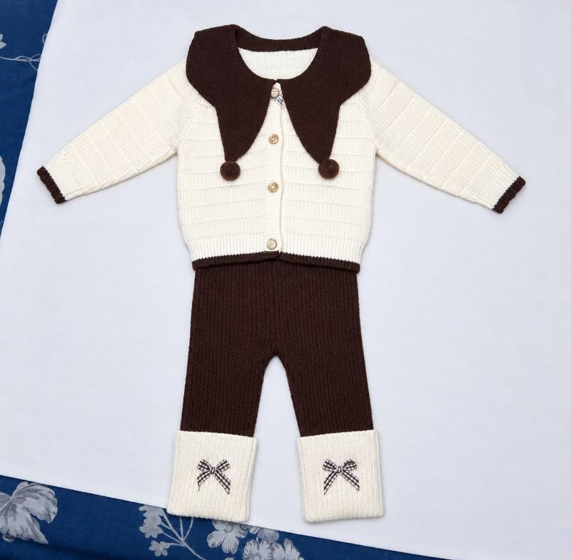 Toddler Brown & Cream Collar Cardigan and Leggings Outfit Set — view 6 | Kids Wear Online India