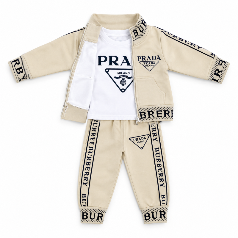 Beige Premium Kids 3-Piece Tracksuit Set – Jacket, T-Shirt & Joggers
