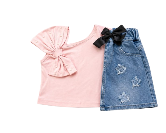Girls Pink Pearl Bow Top & Denim Skirt Set — view 3 | Kids Wear Online India