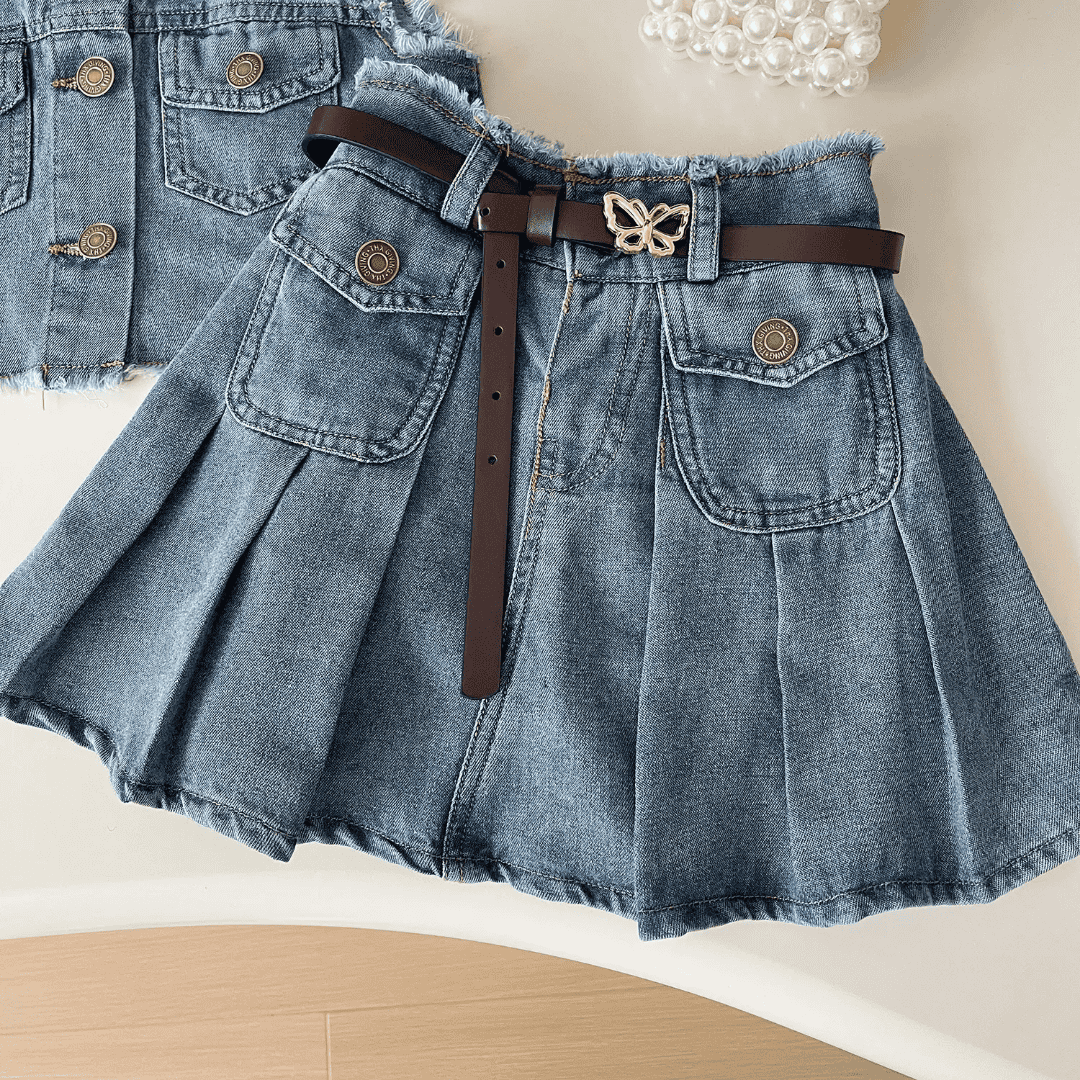 Girls Flared Denim Dress with Belt – Kids Party Wear Dress — view 4 | Kids Wear Online India