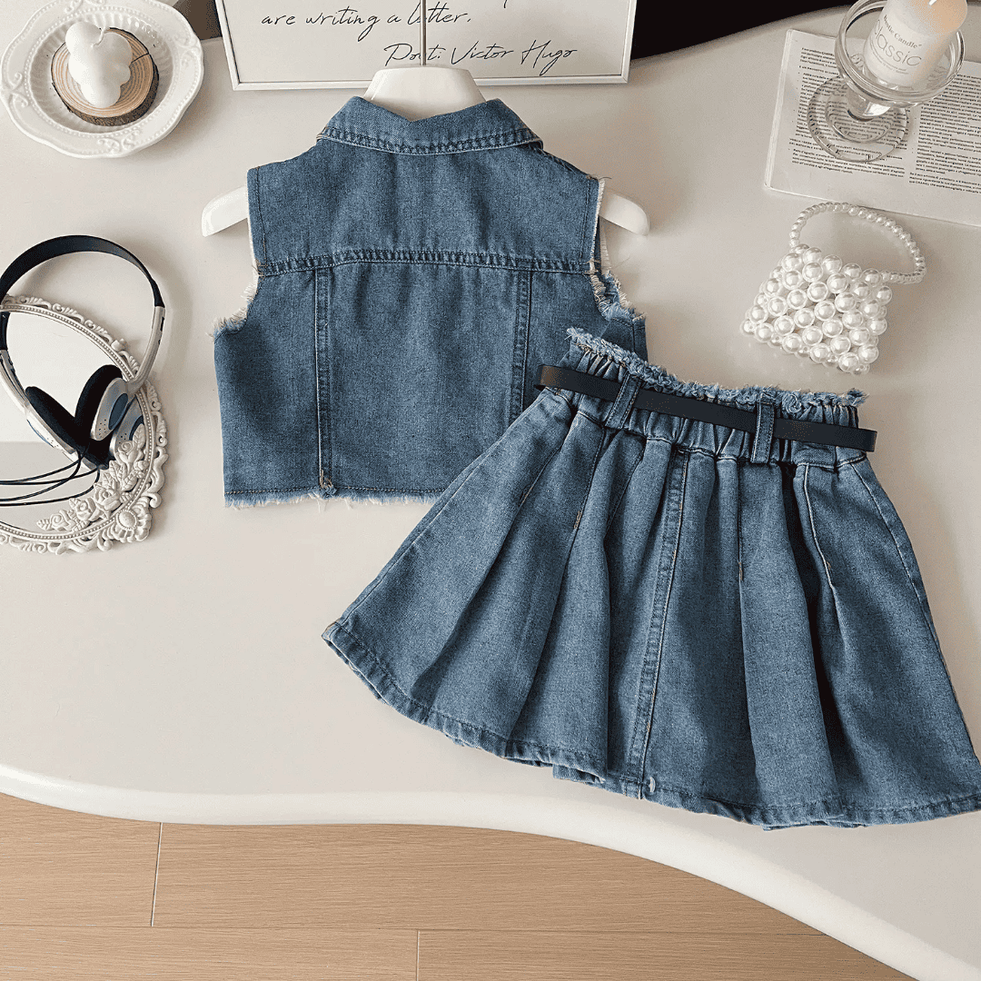 Girls Flared Denim Dress with Belt – Kids Party Wear Dress — view 1 | Kids Wear Online India