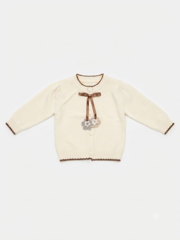 Baby Girl Knit Cardigan and Flare Pants Set – Cream & Brown Floral Bow Winter Outfit — view 1 | Kids Wear Online India