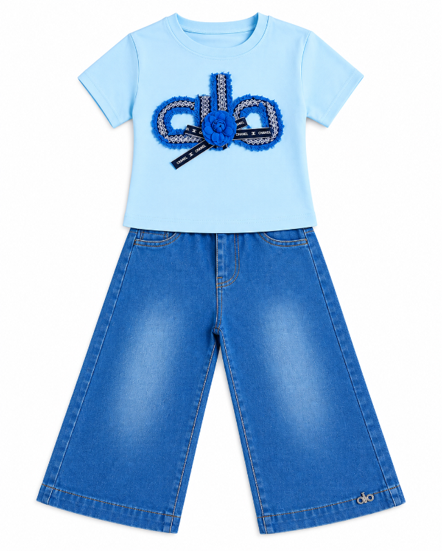 Girls Blue Appliqué T-Shirt & Wide-Leg Denim Shorts Set — BluePeak Global