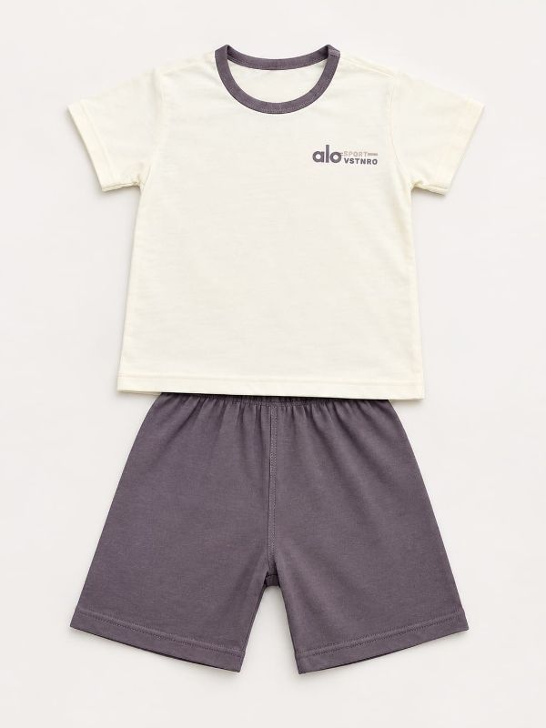 Boy Cream & Mauve Kids T-Shirt & Shorts Set — view 2 | Kids Wear Online India