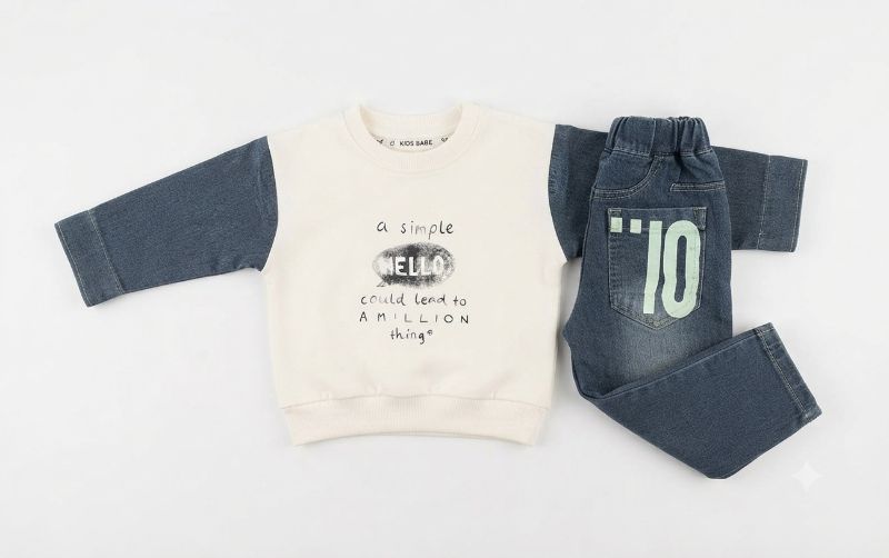 Kids Graphic Sweatshirt & Denim Cargo Pants Outfit Set — view 5 | Kids Wear Online India