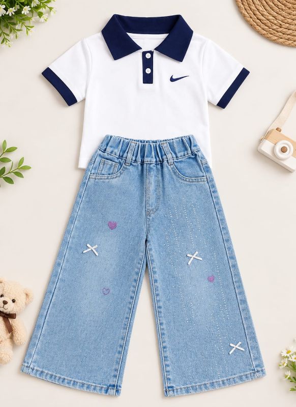 White Polo T-Shirt & Light Blue Denim Jeans Set – Casual Outfit — view 3 | Kids Wear Online India