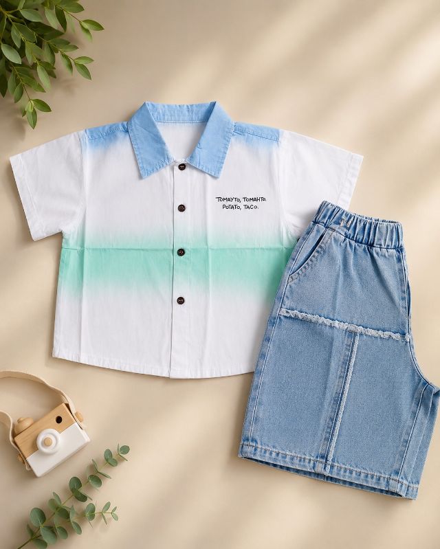 Boys Korean Style Dip-Dye Shirt & Denim Shorts Co-Ord Set — BluePeak Global