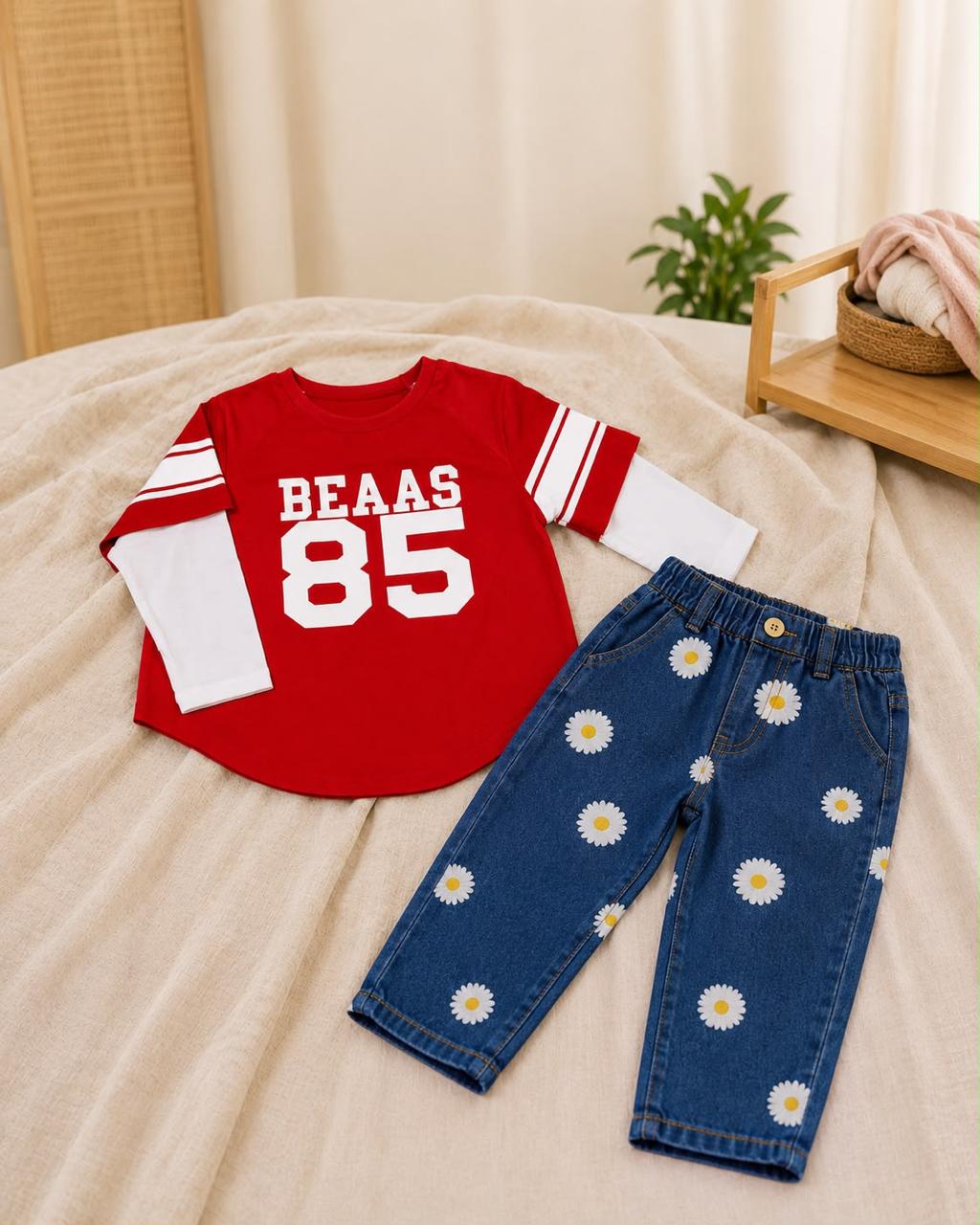 Red Printed T-Shirt & Floral Denim Co-Ord Set — view 3 | Kids Wear Online India