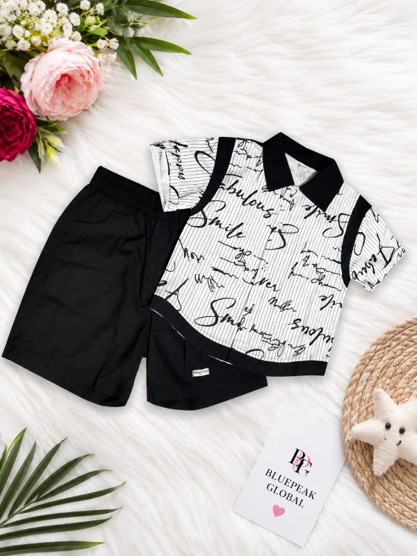 Boys Korean Style Printed Polo Shirt & Black Shorts Co-Ord Set — BluePeak Global