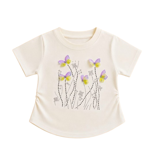 Girls Cream Butterfly T-Shirt & Pearl Denim Shorts Set — view 4 | Kids Wear Online India