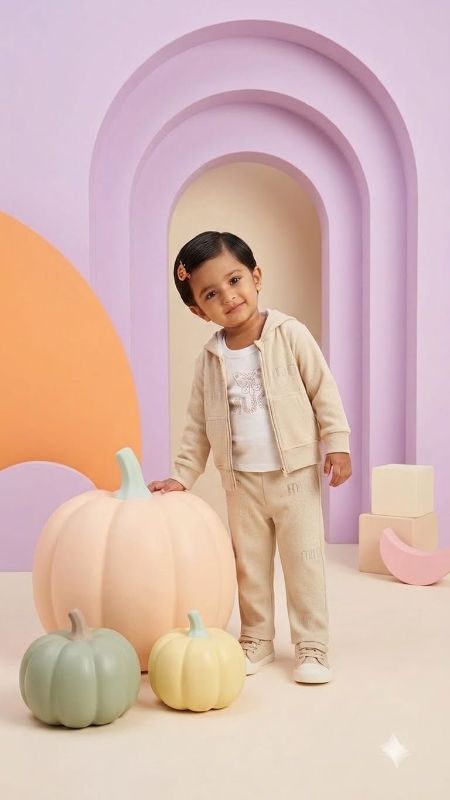 Cream Rhinestone Logo Zip-Up Hoodie and Pants Tracksuit Set — view 1 | Kids Wear Online India