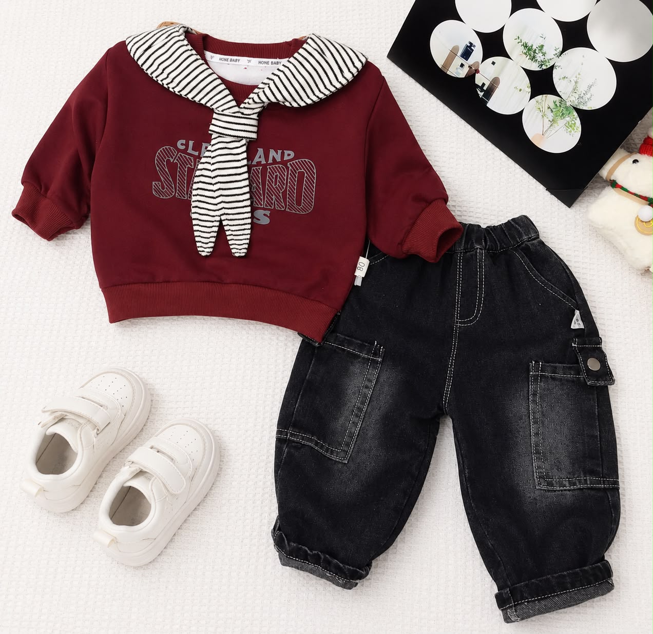 Premium Maroon Sailor-Collar Sweatshirt & Black Cargo Denim Set — BluePeak Global