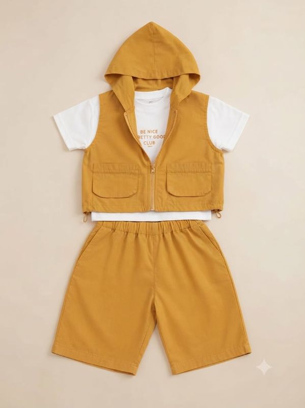 Boys Mustard Yellow Hooded Vest and Shorts Set with White T-Shirt — view 4 | Kids Wear Online India